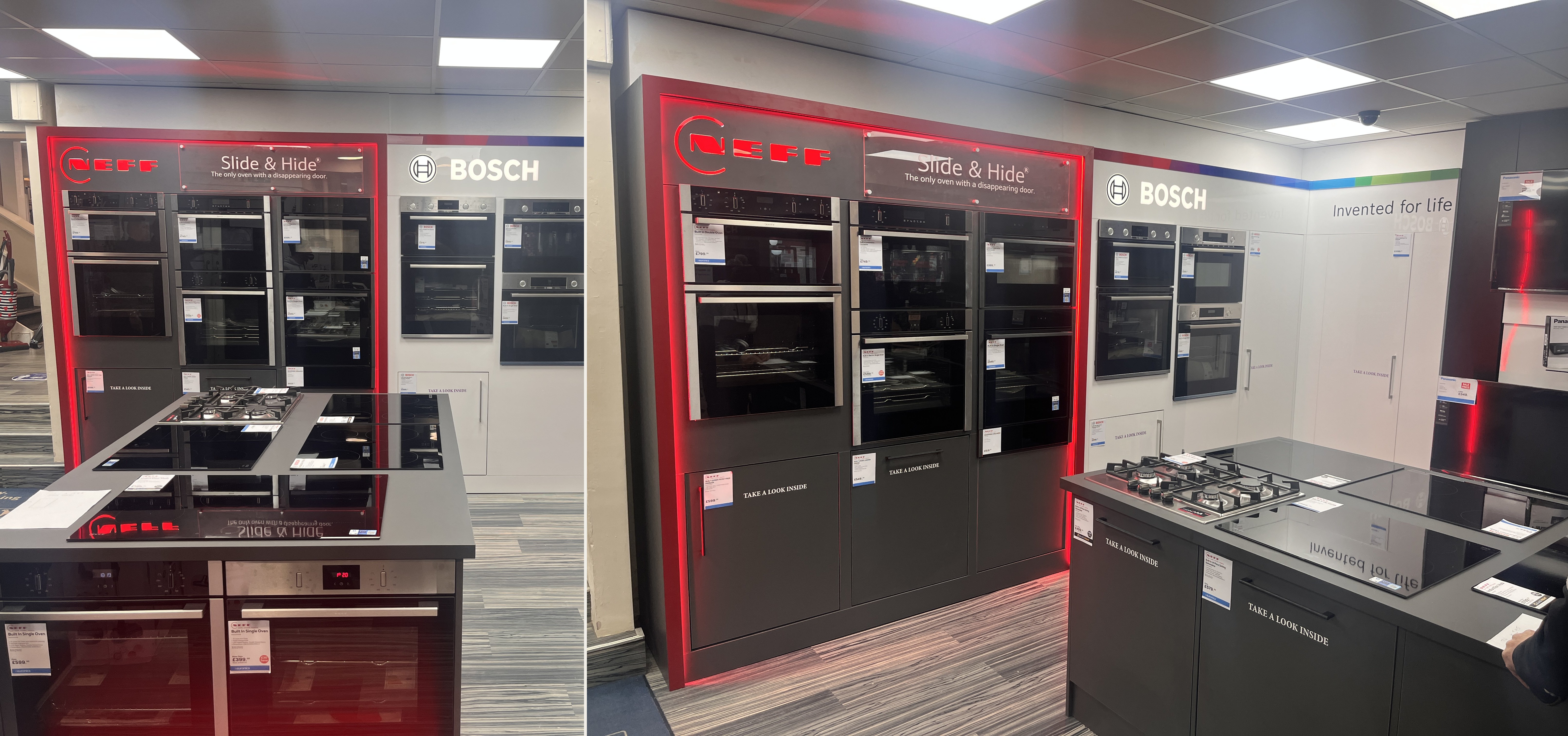 NEFF and Bosch cooking display at Peter Rhodes Louth showing the Slide and Hide oven wall, cooking island and Bosch built-in appliance section